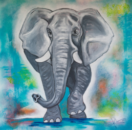 Elefant läuft frontal auf Betrachter zu - Acryl auf Leinwand