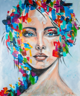Portrait einer jungen Frau - Frisur abstrakt in intensiven Farben - Acryl auf Leinwand