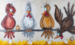 Hühner und Küken auf einer Stange - humorvoller Stil - im Nest liegt ein Ei in Würfelform - Acryl auf Leinwand