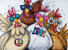 Vier Hühner mit Sonnenbrillen und Love and Peace Schmuck - humorvoller Stil - Acryl auf Leinwand