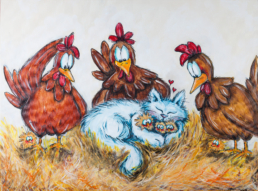 Drei Hühner und eine Katze im Stroh - die Katze beschützt die Küken - humorvoller Stil - Acryl auf Leinwand