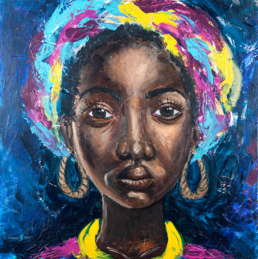 Portrait einer afrikanischen jungen Frau - abstrakte Frisur in intensiven Farben - Acryl auf Leinwand