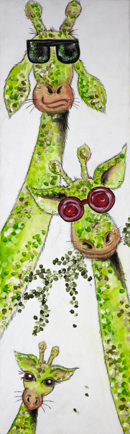 Drei grüne Giraffen - humvorvoller Stil - Acryl auf Leinwand