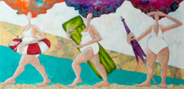 Drei Frauen mit Schwimmring, Luftmatratze und Sonnenschirm auf dem Weg zum Strand - humorvoller Stil - Acryl auf Leinwand