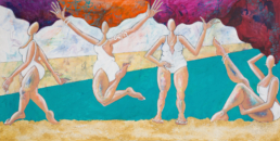 Vier abstrakt dargestellte Frauen in weißen Badeanzügen am Strand - Acryl auf Leinwand