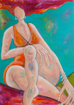 Eine abstrakt gemalte Frau in orangem Badeanzug am Strand - Acryl auf Leinwand