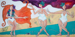 Drei Frauen in weißen Badeanzügen geschmückt am Strand - Abstrakte Darstellung - Mixed Media auf Leinwand