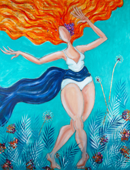 Frau in weißem Badeanzug mit wehenden roten Haaren und blauem Tuch - Abstrakte Darstellung - Mixed Media auf Leinwand