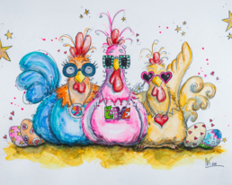 Drei Hühner mit Sonnenbrillen sowie Love and Peace Schmuck - Humorvoller Stil - Aquarell